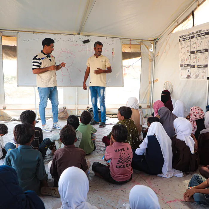A verified temporary classroom serving displaced children in Taiz governorate, Yemen.